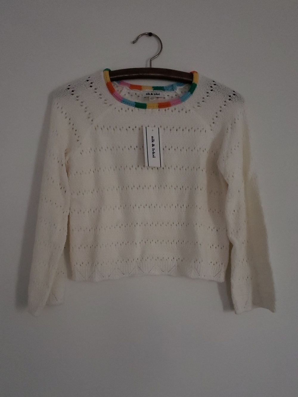 Multicolor Neck Open Knit Crewneck Sweater NWT